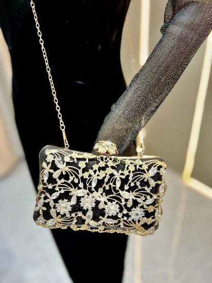 New Light Luxury Diamond Banquet Bag with crystal floral embroidery and gold-tone frame, chain strap Edenista