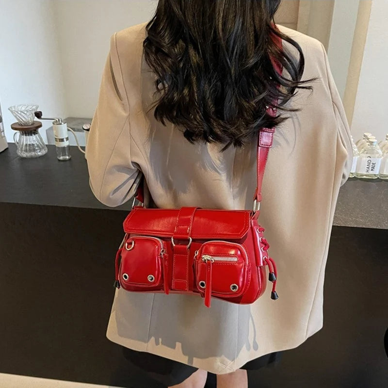 Multi-Pocket Rivet Shoulder Bag for Women – PU Leather