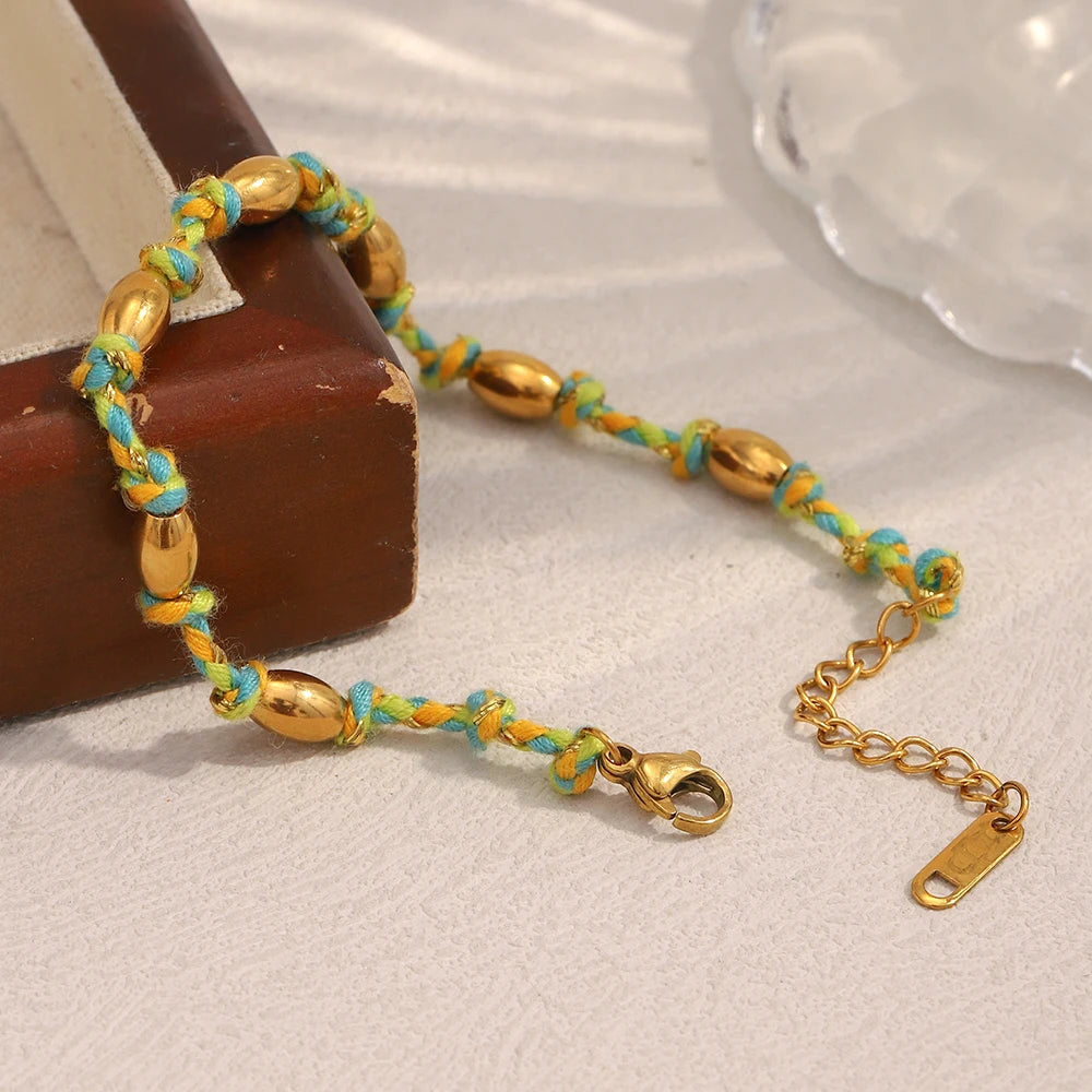 Mixed Colour Rope & Beads Bracelet – 18K Gold Plated