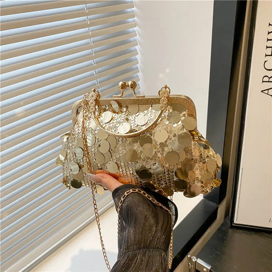 Elegant sequined evening shoulder bag by Edenista in gold with chain strap