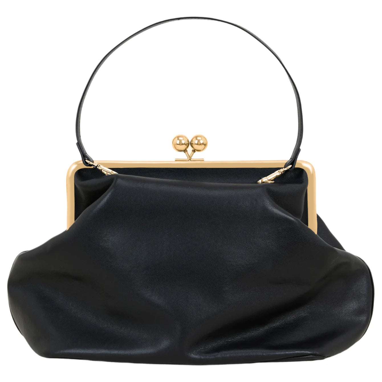 Edenista small kisslock top-handle clutch, black microfiber leather with gold frame clasp.