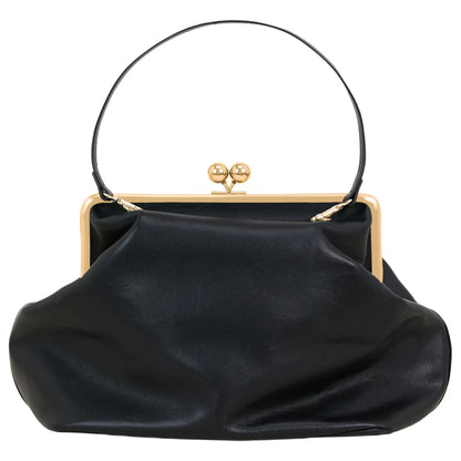 Edenista small kisslock top-handle clutch, black microfiber leather with gold frame clasp.