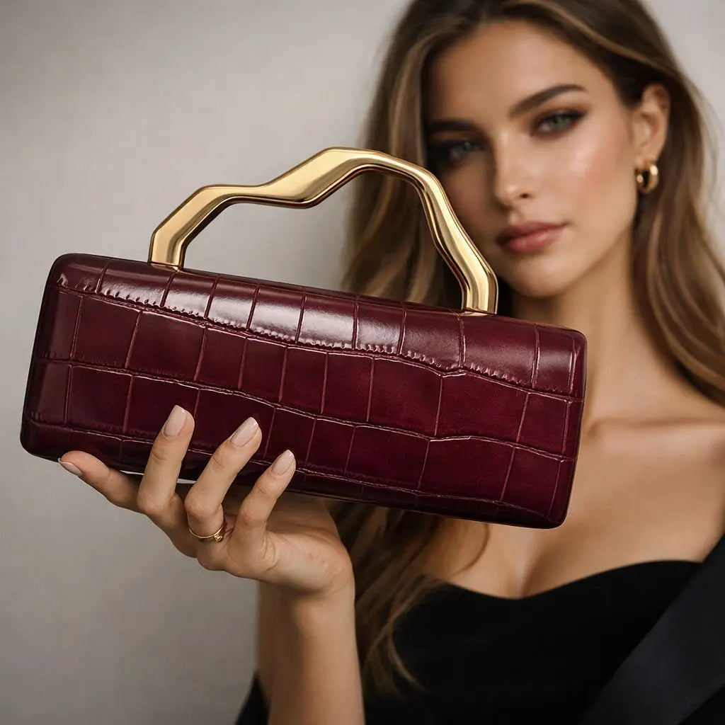 Edenista luxury burgundy crocodile-pattern PU evening clutch with gilded curved gold handle