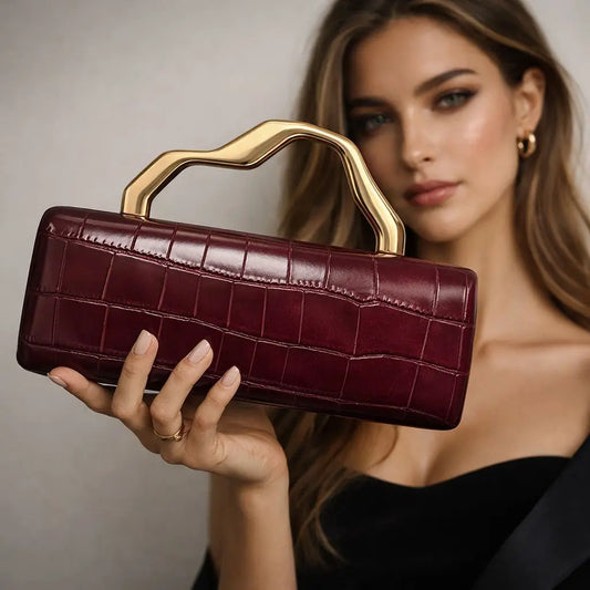 Edenista luxury burgundy crocodile-pattern PU evening clutch with gilded curved gold handle