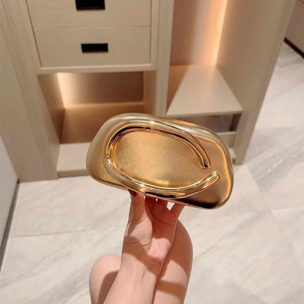 Gold metal-closure box clutch bag for women by Edenista; evening party handbag.