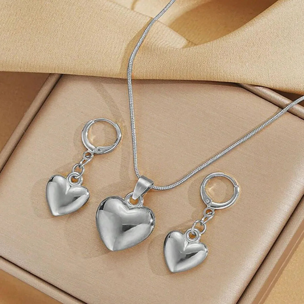Glossy Gold Plated Metal Love Heart Dangle Earrings Necklace Jewelry Set for Women Simple Dainty Daily Wear Outfit Accessories