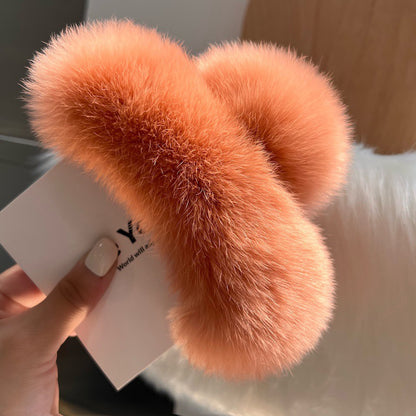 Faux Fur Plush Large Hair Claw Clip – Solid Color Barrette for Thick Hair