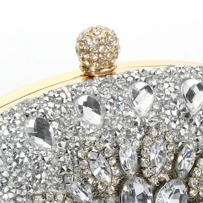 Edenista luxury evening clutch bag with glittering rhinestones, crystal teardrop accents, gold-tone frame.