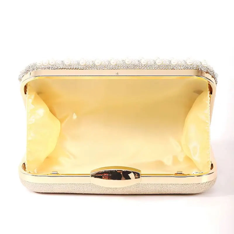 Ladies pearl beaded evening clutch by Edenista with gold-tone frame and long chain