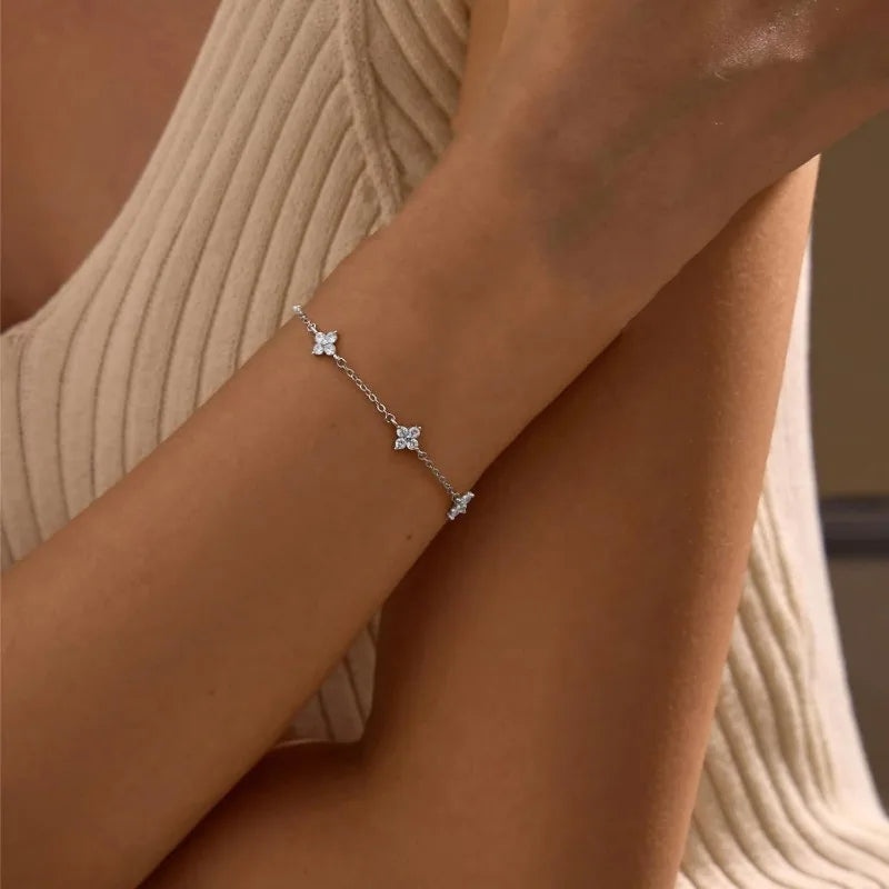 Four Leaf Flower Zircon Bracelet for Women – 925 Silver & 18K Gold