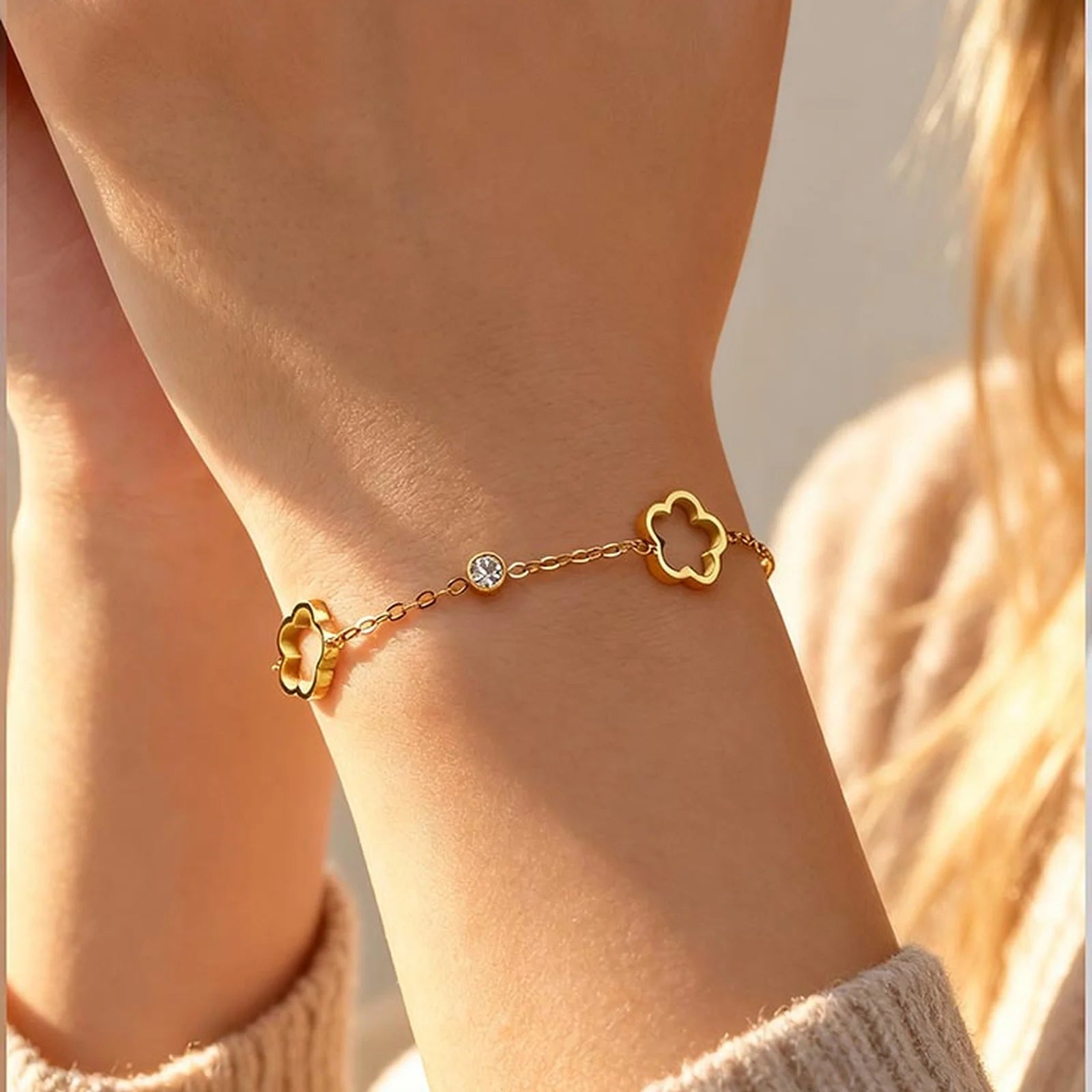 Hollow Five-Petal Flower Zircon Bracelet for Women – Gold
