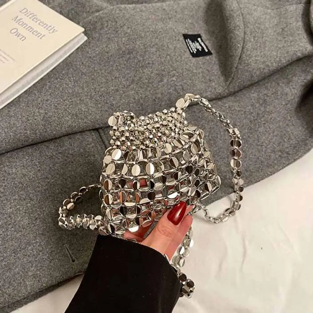 Edenista silver sequin evening bag with chain strap; small underarm purse