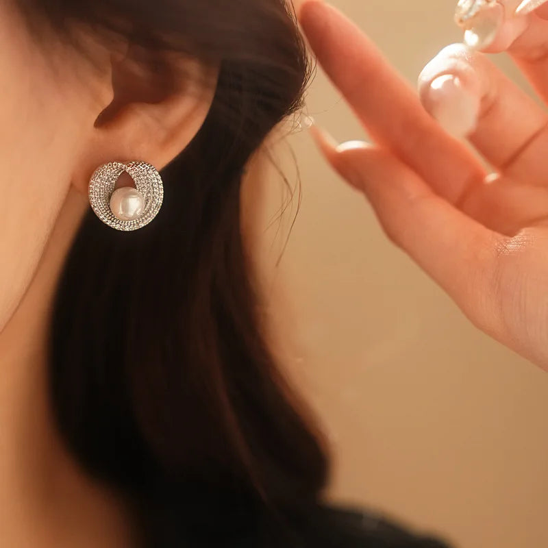 Edenista zircon round pearl stud earrings with pave halo, silver-tone
