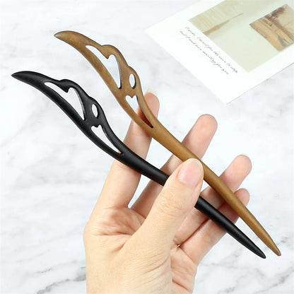 Chinese ethnic style hair sticks, 2 pcs in black and brown sandalwood with heart-shaped cutouts