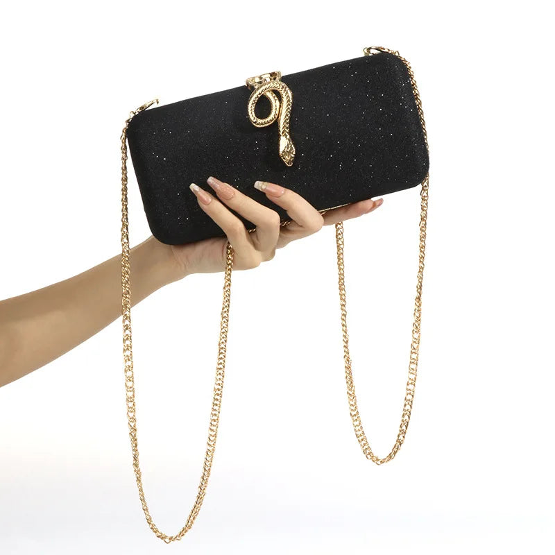 Classic Snake Buckle Evening Purse black glitter clutch with gold chain strap