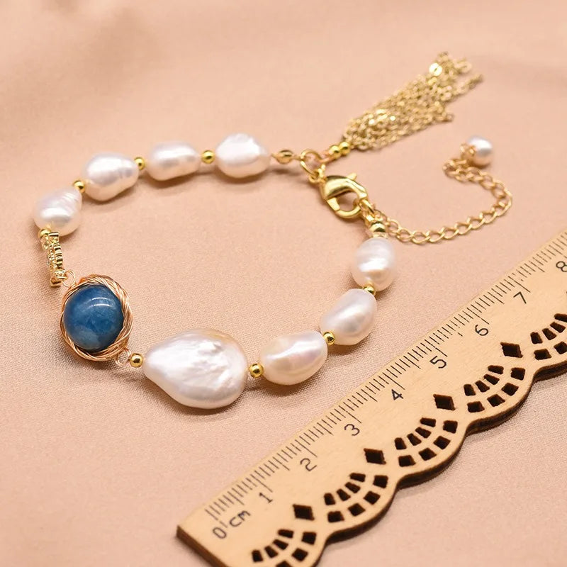 Freshwater Baroque Pearl Bracelet for Women Blue Crystal Beads Retro 18k Gold Plated by edenista