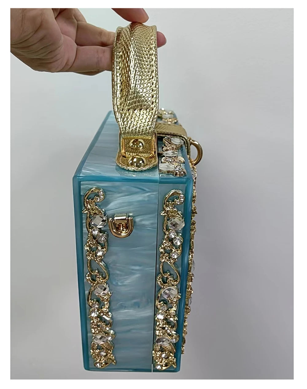High Grade Acrylic Evening Bag by Edenista, turquoise blue clutch with crystal rhinestone chain strap.
