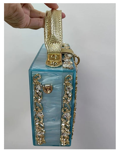 High Grade Acrylic Evening Bag by Edenista, turquoise blue clutch with crystal rhinestone chain strap.