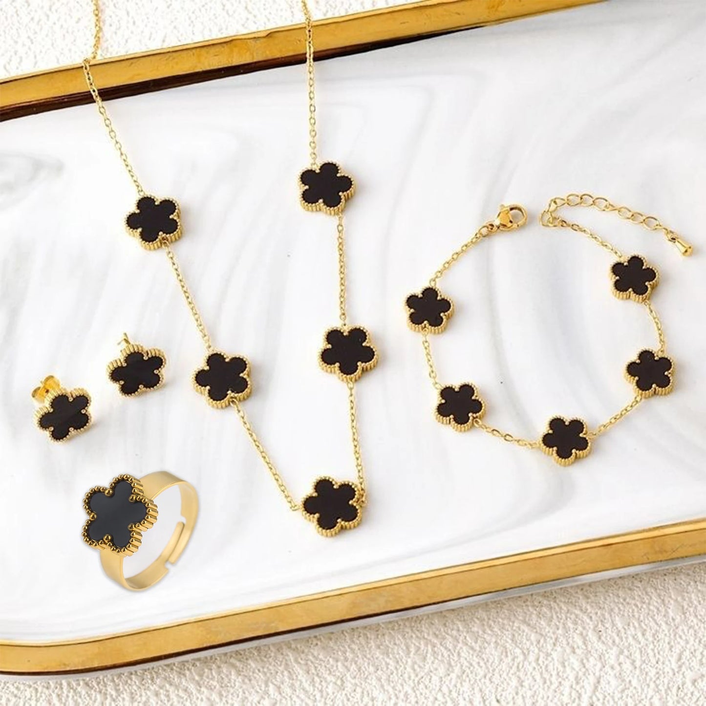 Stainless Steel Five Leaf Flower Jewelry Set