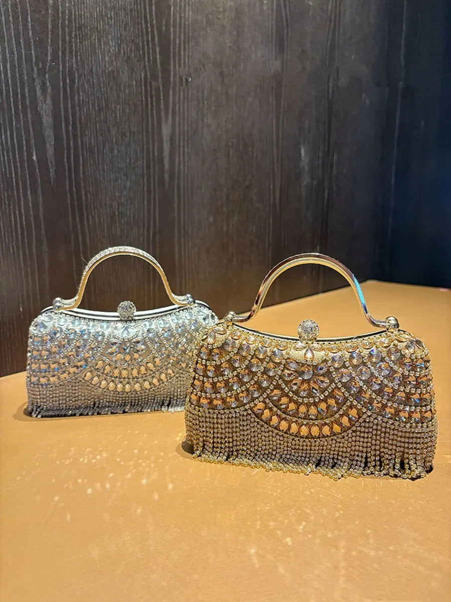 Rhinestone Tassel Evening Clutch Bag – Metallic Frame