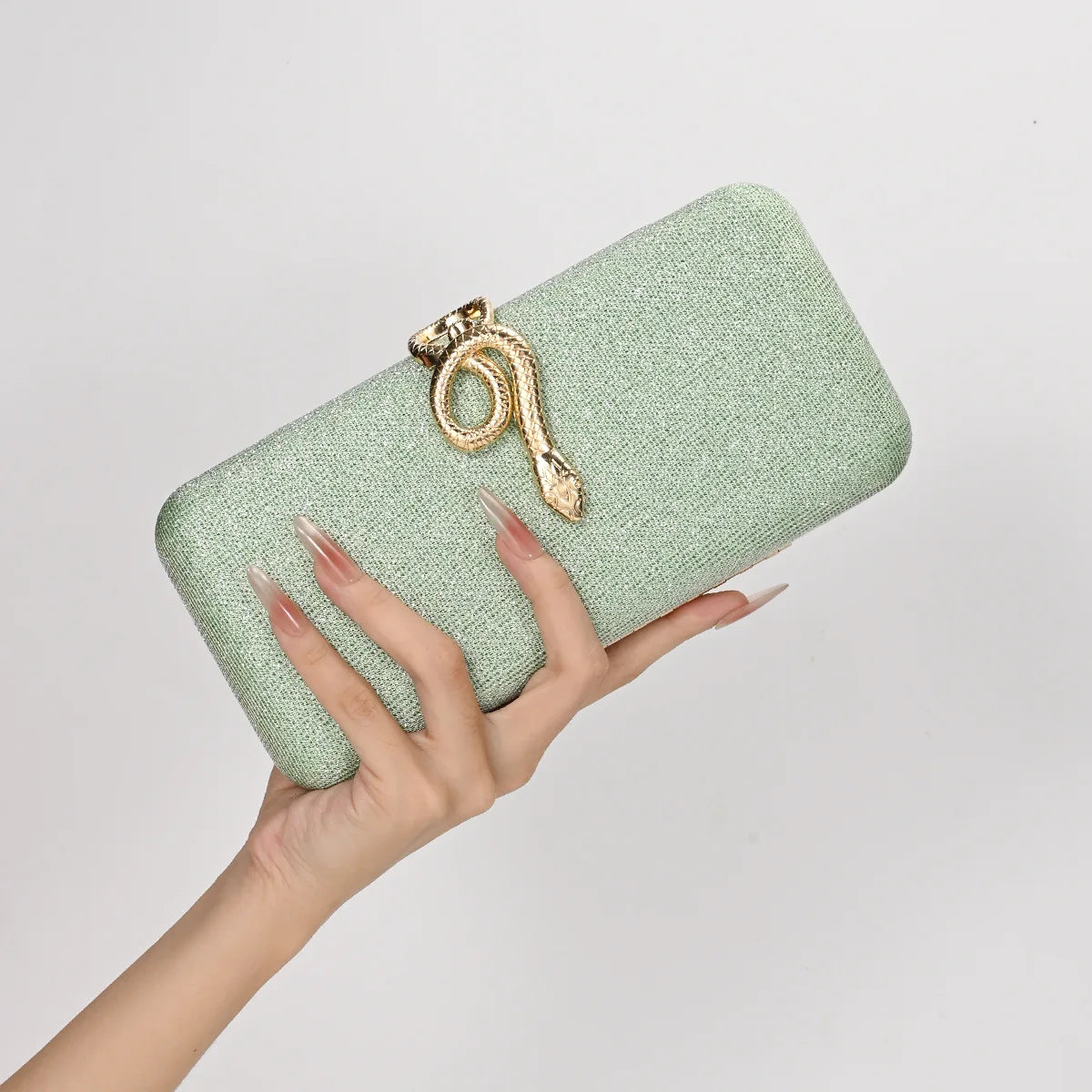 Edenista Classic Snake Buckle Evening Purse mint green glitter clutch with gold snake buckle