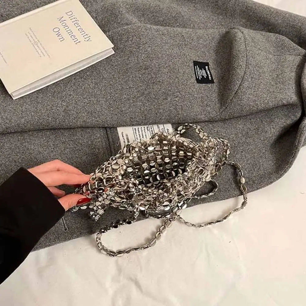 Sequin evening bag by Edenista; silver glitter mini shoulder purse with chain strap