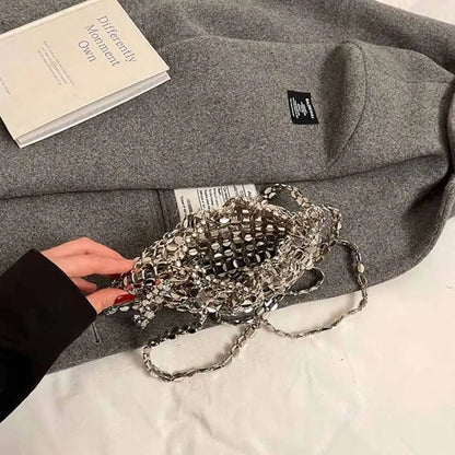 Sequin evening bag by Edenista; silver glitter mini shoulder purse with chain strap