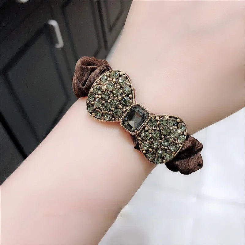 Fashion rhinestone bow scrunchie on brown satin ribbon elastic hair tie