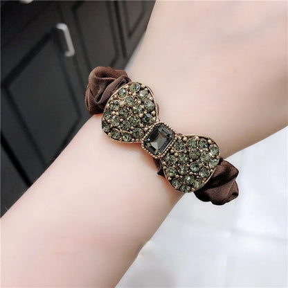 Fashion rhinestone bow scrunchie on brown satin ribbon elastic hair tie
