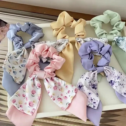 Floral Bow Large Scrunchie Hair Tie – Elastic Rubber Band for Women