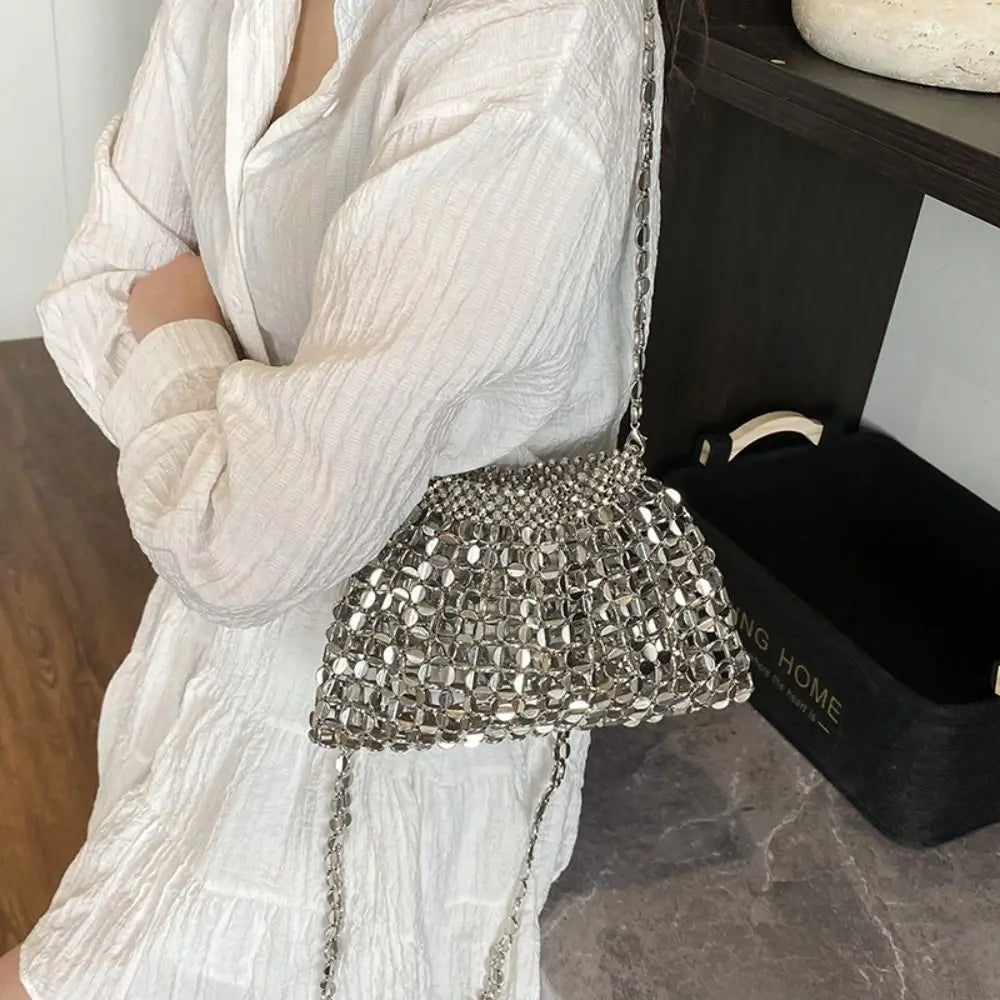 Edenista mini silver sequin evening bag with chain strap and metallic disc mesh