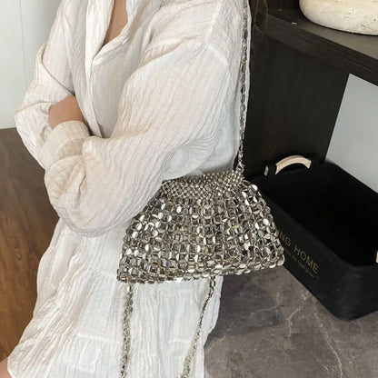 Edenista mini silver sequin evening bag with chain strap and metallic disc mesh