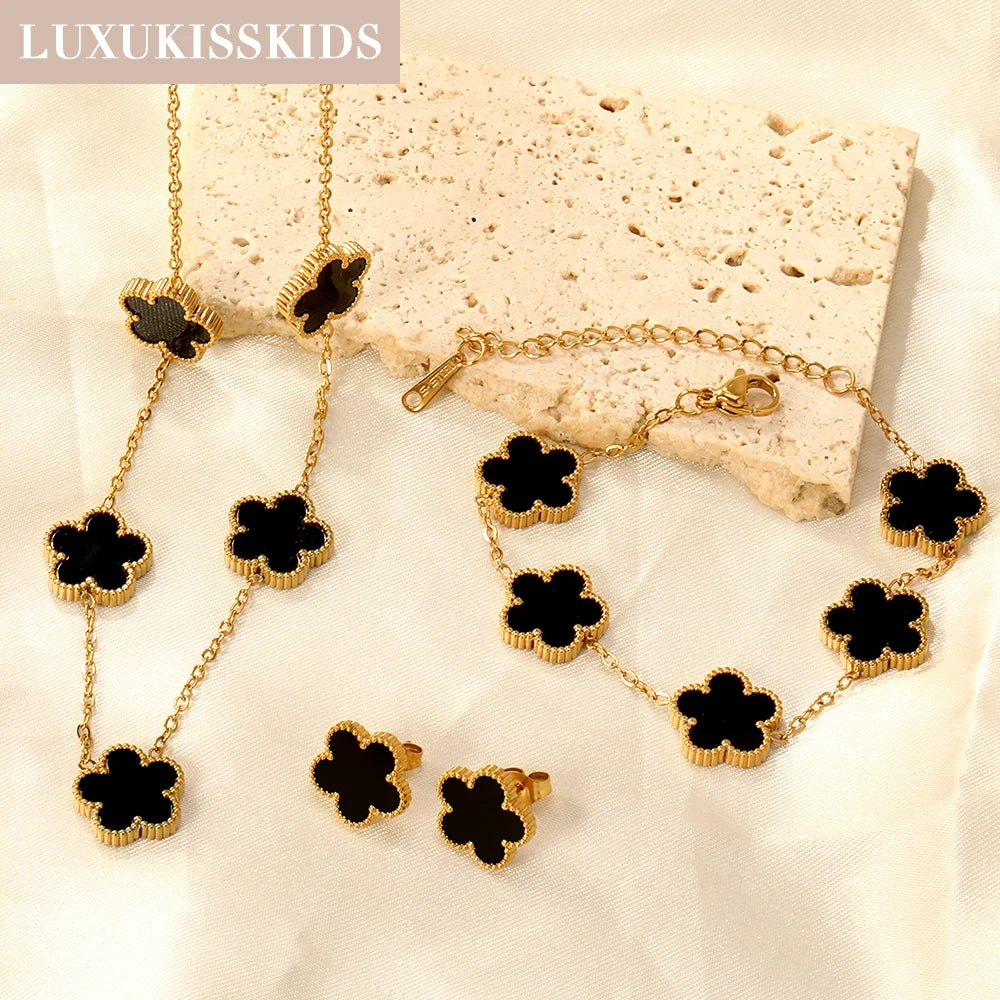Stainless Steel Flower Clover Jewelry Set