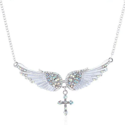 Angel Wings Cross Pendant Necklace – Crystal Rhinestone
