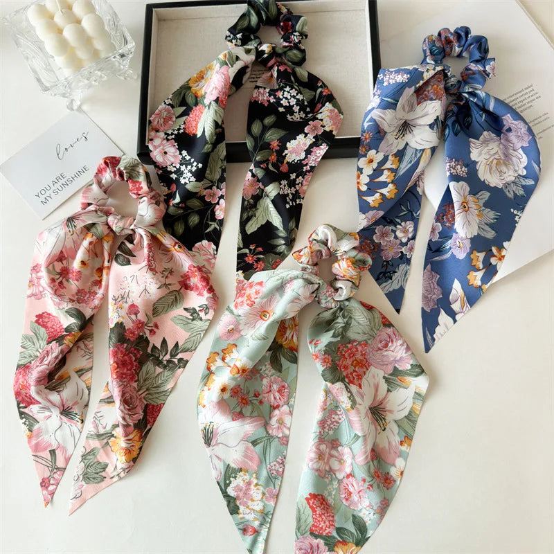 Flower Bow Satin Hair Ribbon Scrunchies – Vintage Ponytail Hairbands for Women