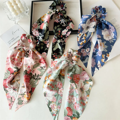 Flower Bow Satin Hair Ribbon Scrunchies – Vintage Ponytail Hairbands for Women