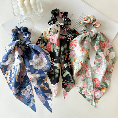 Flower Bow Satin Hair Ribbon Scrunchies – Vintage Ponytail Hairbands for Women