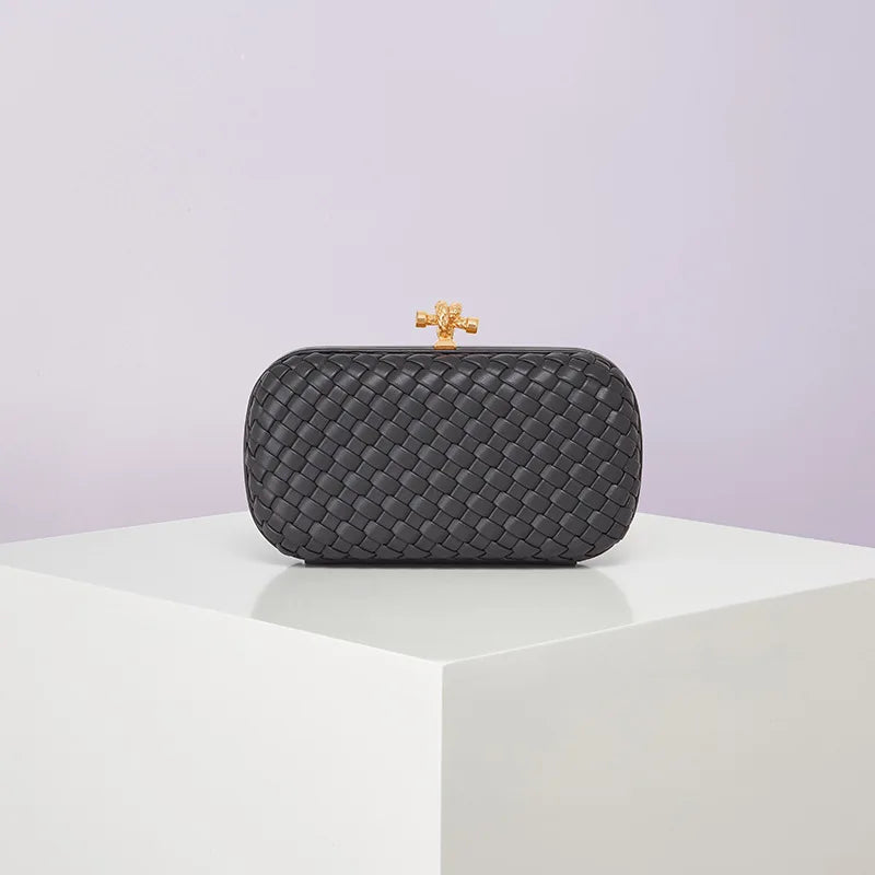Crossbody woven PU evening bag with gold-tone clasp, black box clutch