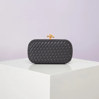 Crossbody woven PU evening bag with gold-tone clasp, black box clutch
