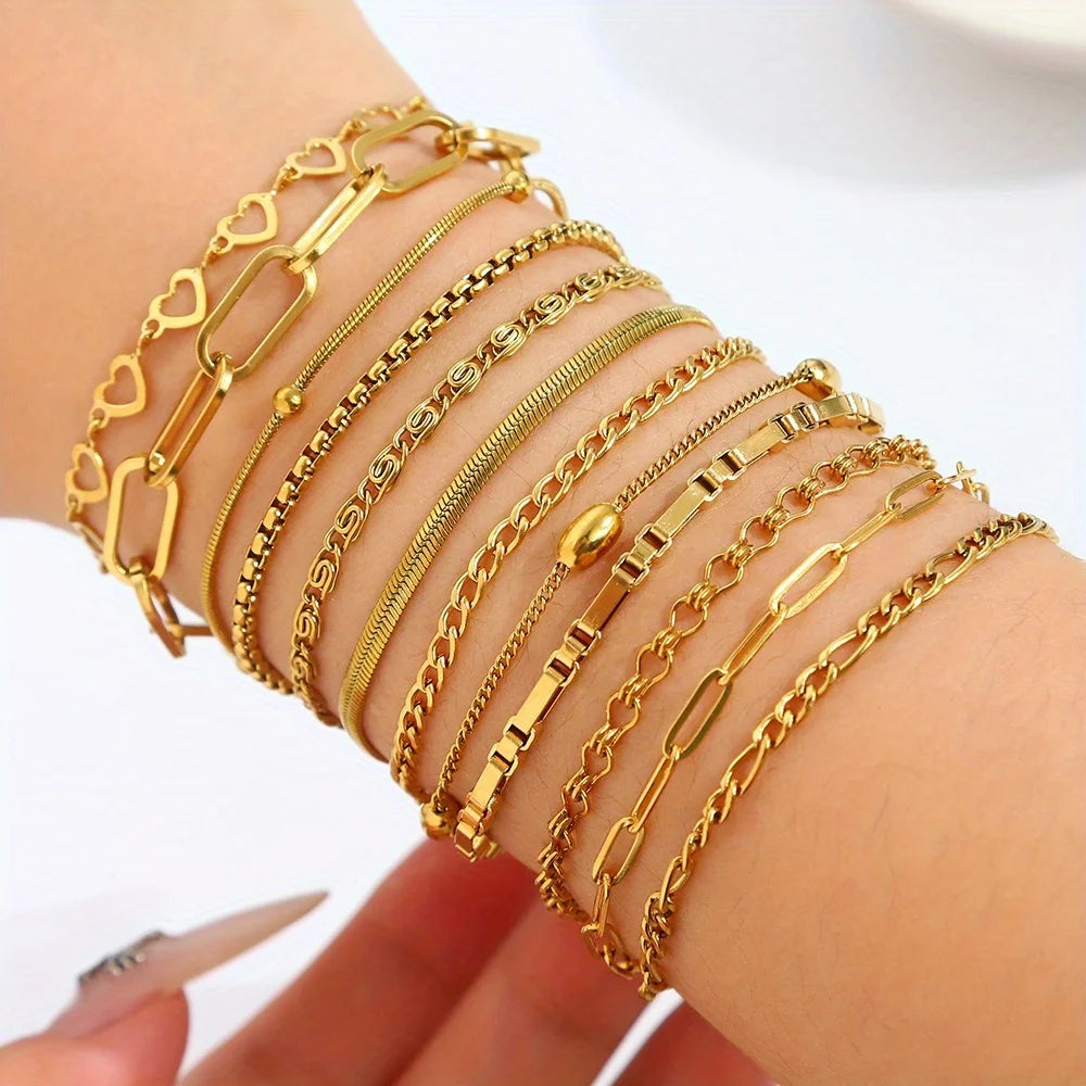 12-Piece Stainless Steel Bracelet Set for Women