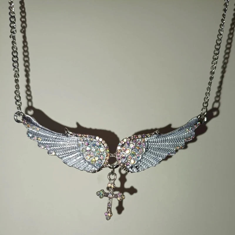 Angel Wings Cross Pendant Necklace – Crystal Rhinestone