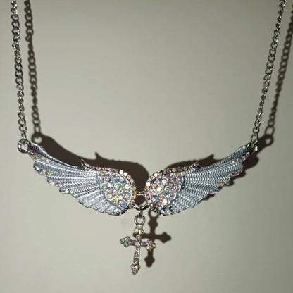 Angel Wings Cross Pendant Necklace – Crystal Rhinestone