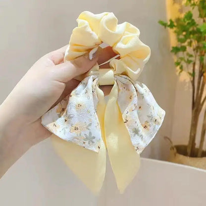 Floral Bow Large Scrunchie Hair Tie – Elastic Rubber Band for Women