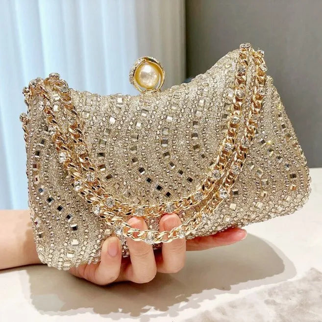 Edenista rhinestone evening bag with gold-tone chain; small silver beaded clutch for weddings and parties
