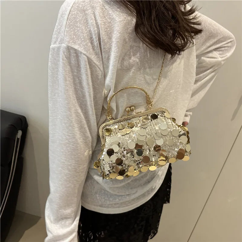 Edenista sequined evening shoulder bag with gold-tone chain and circular metallic discs