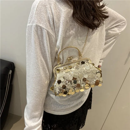 Edenista sequined evening shoulder bag with gold-tone chain and circular metallic discs
