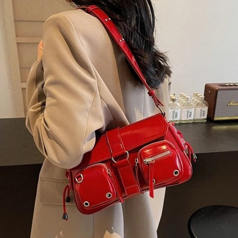 Multi-Pocket Rivet Shoulder Bag for Women – PU Leather