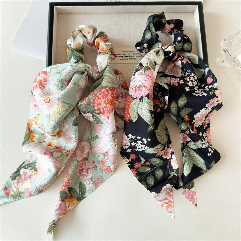 Flower Bow Satin Hair Ribbon Scrunchies – Vintage Ponytail Hairbands for Women