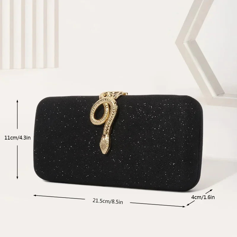 Edenista Classic Snake Buckle evening purse; black glitter square box clutch with gold snake clasp.