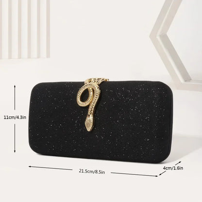 Edenista Classic Snake Buckle evening purse; black glitter square box clutch with gold snake clasp.